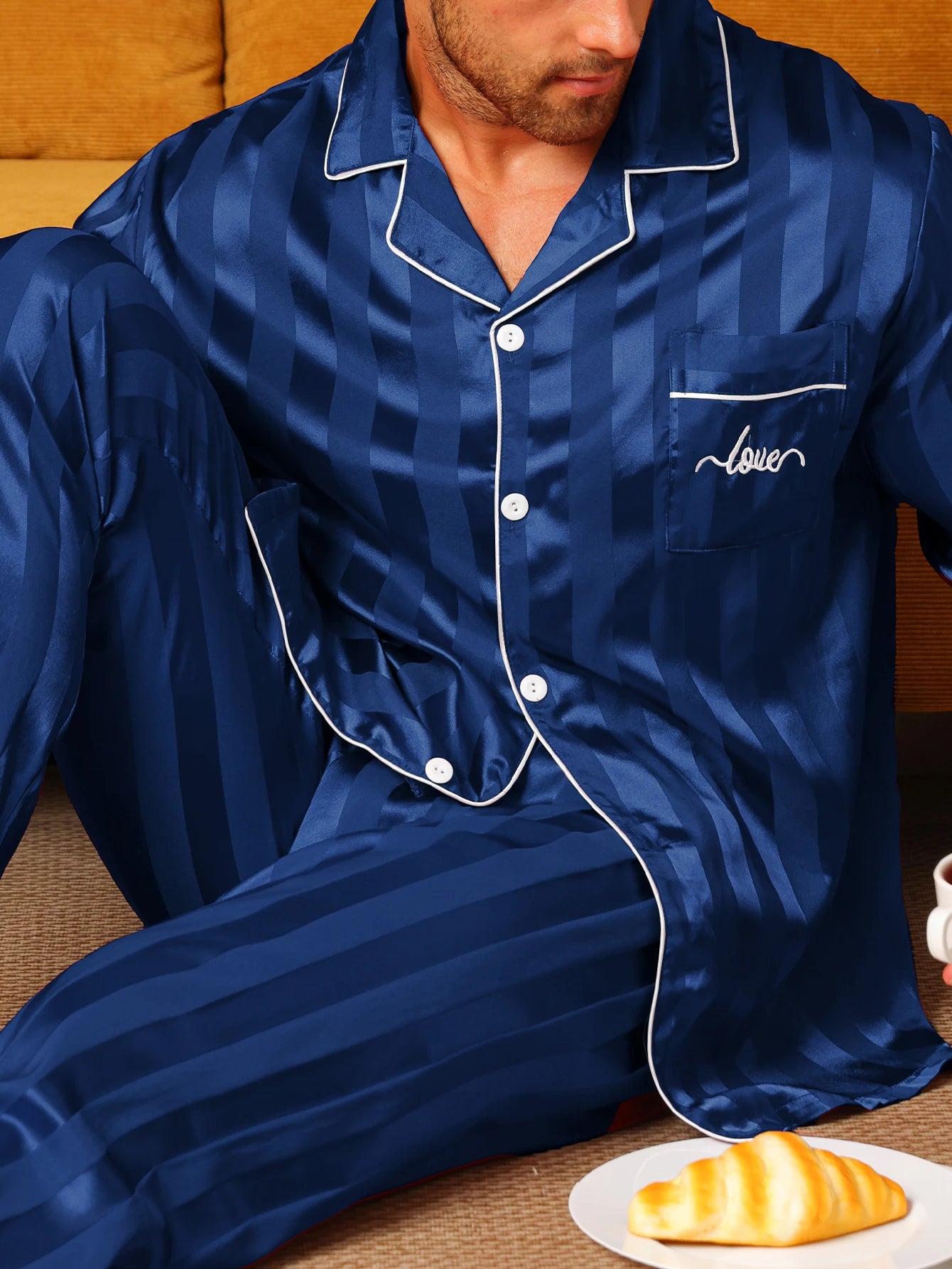 Men's Satin Silk Long Sleeve Pajamas Set | Minimalist Letter Embroidered Sleepwear