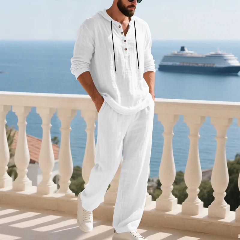 Men's Linen Casual Loose Hooded Henley Shirt & Long Pants Set – Relaxed Autumn 2-Piece Suit