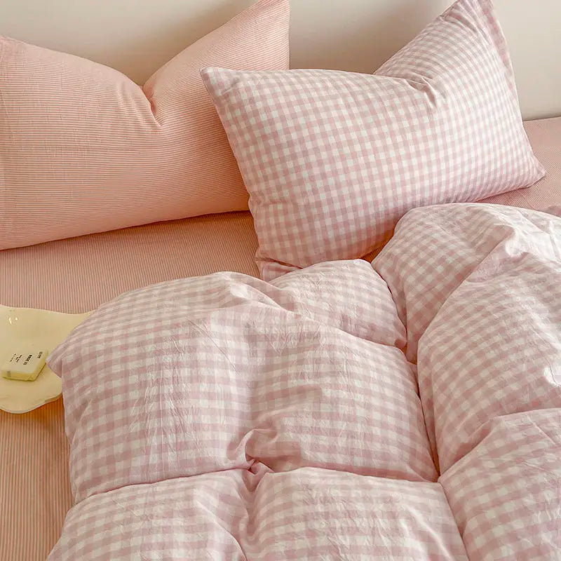 Pink Plaid Duvet Cover Set – Soft Flat Sheet & Pillowcase, Twin to Queen, Boys & Girls