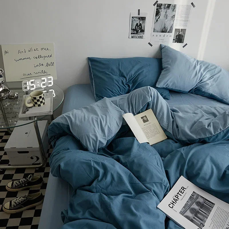 Solid Color Washed Cotton Bedding Set – 4-Piece Duvet Cover, Bed Sheet & Pillowcases, Twin to King