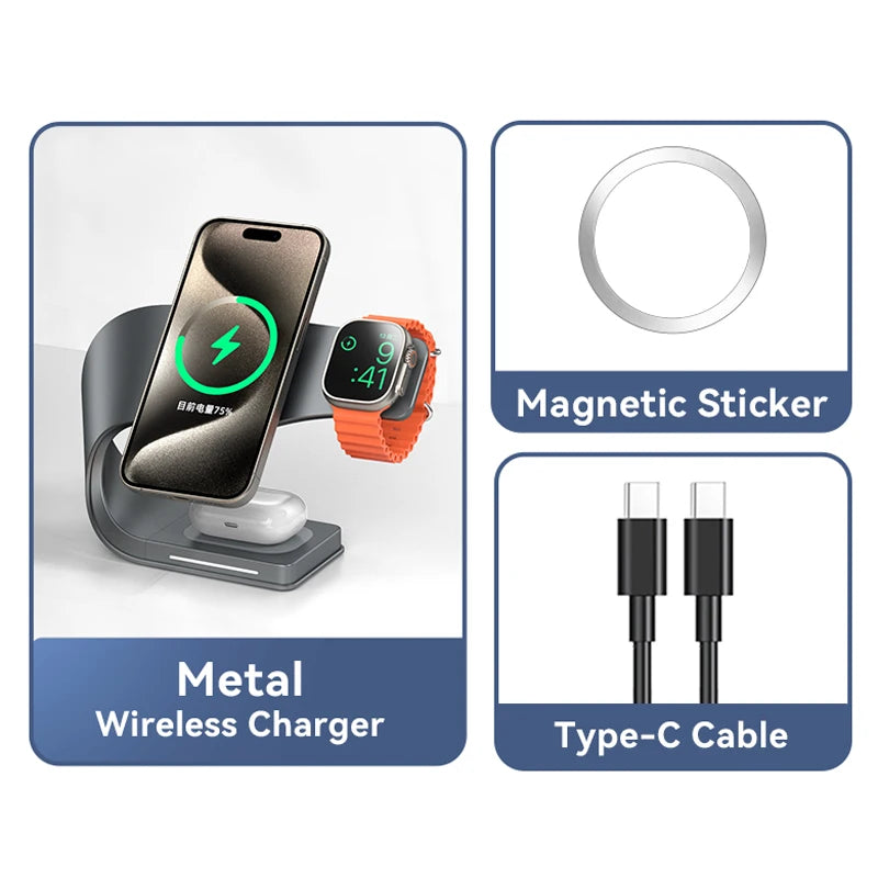 4-in-1 Metal Magnetic Wireless Charging Station 15W – iPhone 12–17, Apple Watch & AirPods