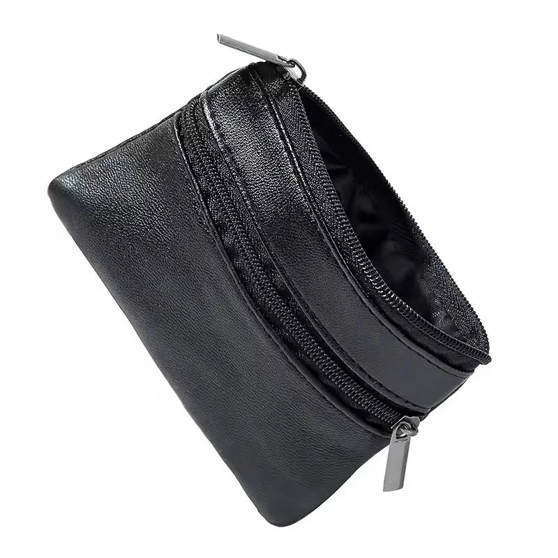 Black Leather Mini Coin Purse – Zipper Wallet & Key Card Holder for Men & Women