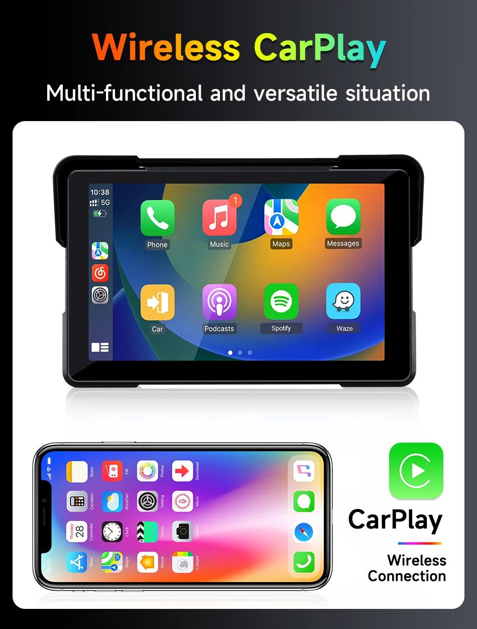 5"/7" Motorcycle CarPlay Screen – Wireless CarPlay & Android Auto, GPS Navigation, Dual Bluetooth, IPX7