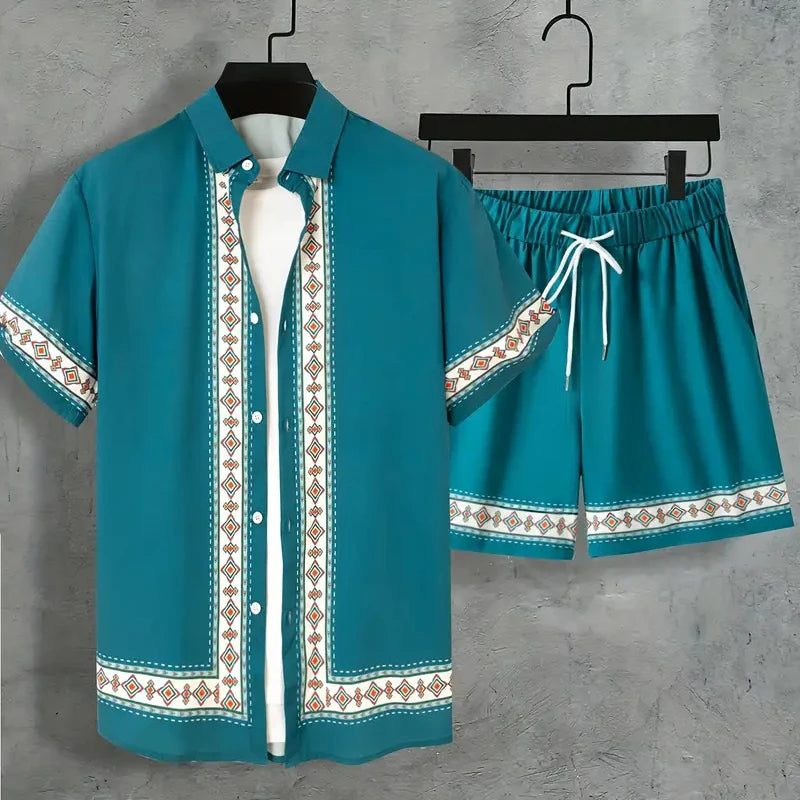 Men's Hawaiian Paisley Print Shirt & Drawstring Shorts Beach Party Set