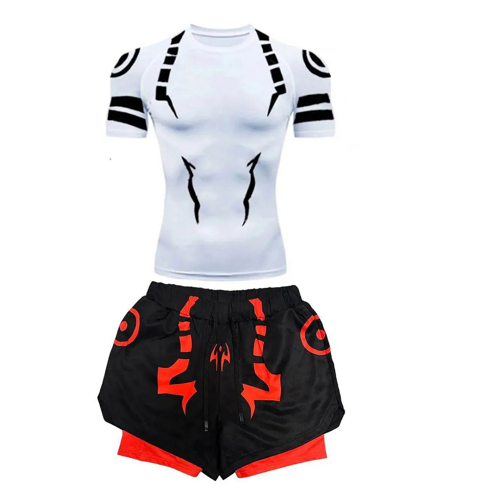 Anime Jujutsu Kaisen 3D Compression Shirt & Gym Shorts – Quick Dry Running Workout Sportswear