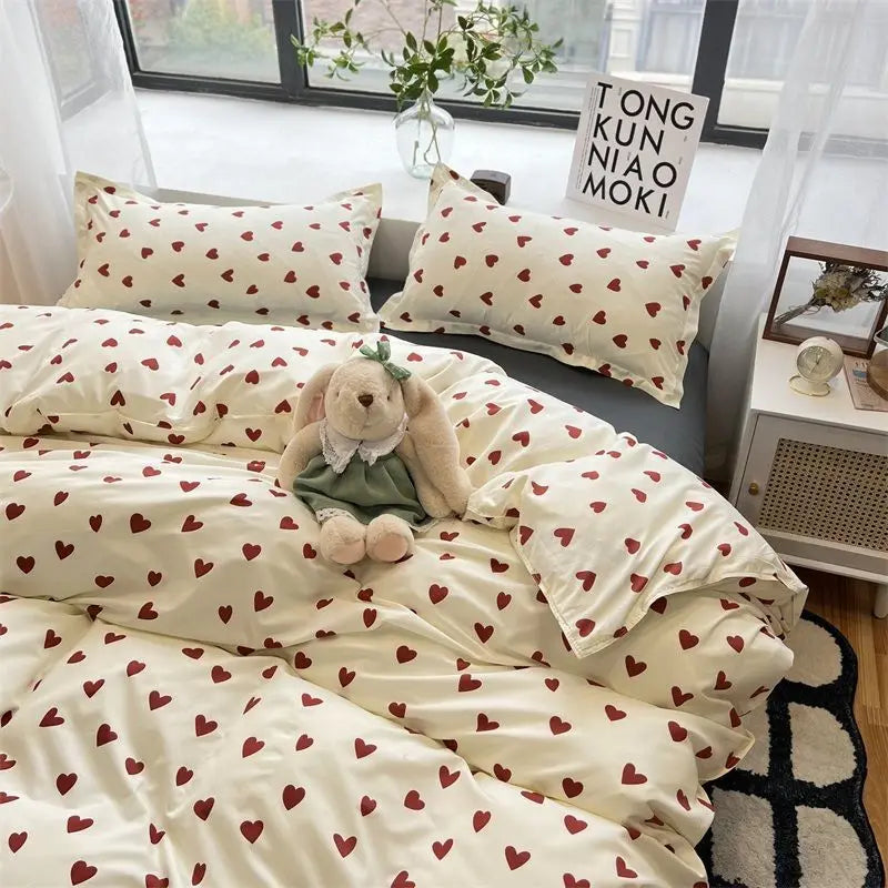 Vintage Floral Duvet Cover Set – Korean Ins Style Bedding Kit with Flat Sheet & Pillowcases, Single to Queen