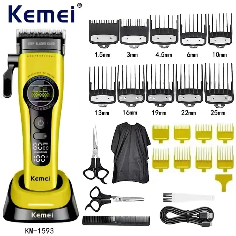 Kemei KM-1593 / KM-1595 Brushless Hair Clipper – DLC Blade, 8000 RPM, 200-Min Runtime, USB-C
