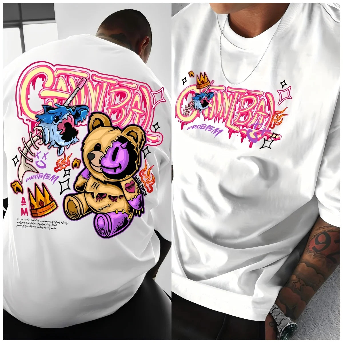 Men's Cartoon Devil Bear Print T-Shirt — Soft Breathable Street Style Summer Tee