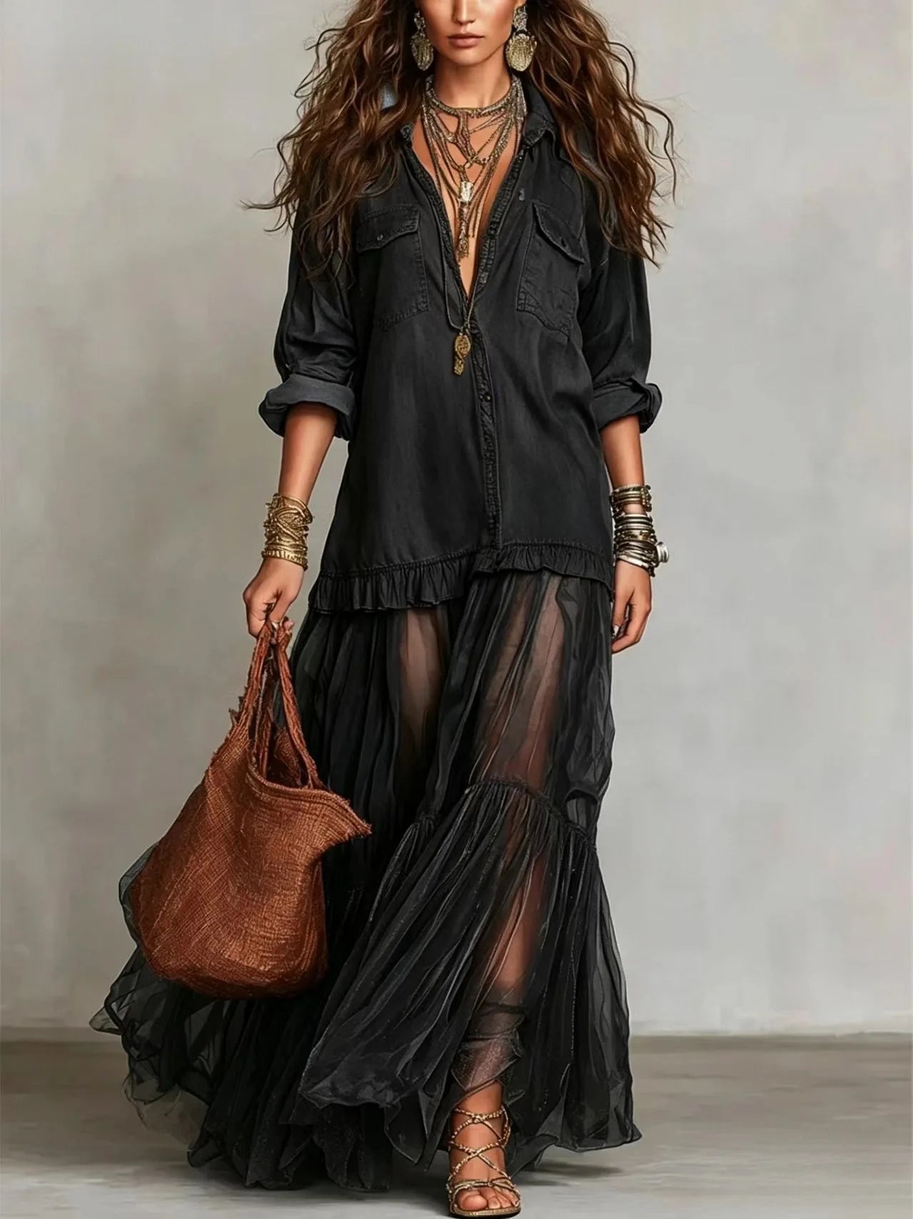 Denim Dress Women Dresses A Line Turn Down Collar Full Sleeve Ruffled Vintage Elegant Mesh Splice Work Causl Y2k Streetwear 2026