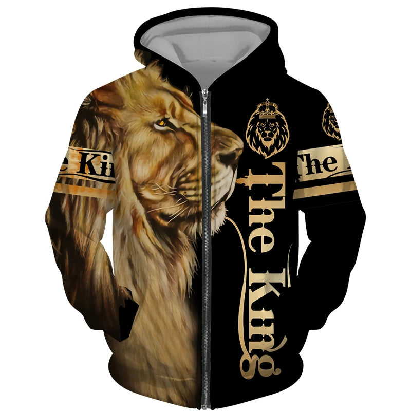 Men's 3D Lion Print Zip-Up Hoodie & Elastic Waist Pants Tracksuit Set