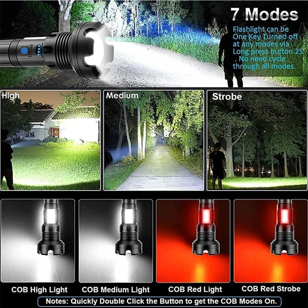 90000 Lumens XHP90 LED Tactical Flashlight – Rechargeable USB Zoomable 7-Mode Torch