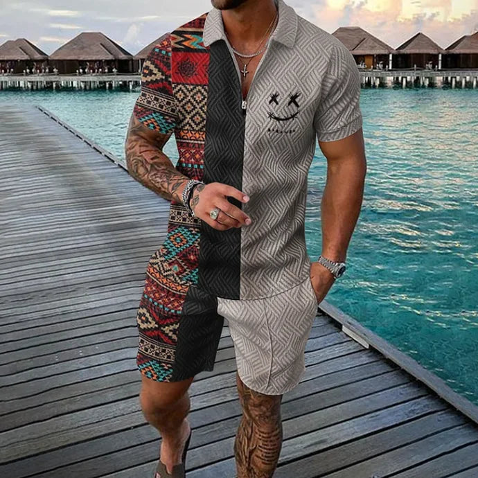 Men's 3D Printed Summer Tracksuit Set – Short Sleeve Polo Shirt & Shorts