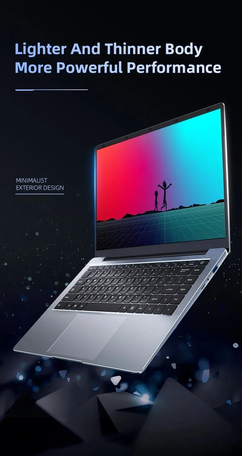 14.1" Intel N3700 Slim Laptop – 16GB DDR4, Up to 2TB SSD, Dual Cameras, Wi-Fi 6, Windows 11
