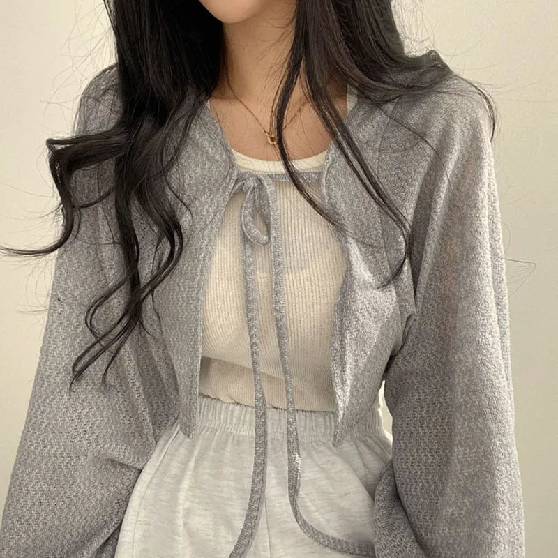 Women's Knitted Cardigan – Thin Lace-Up Lantern Sleeve Short Coat in White, Black & Gray