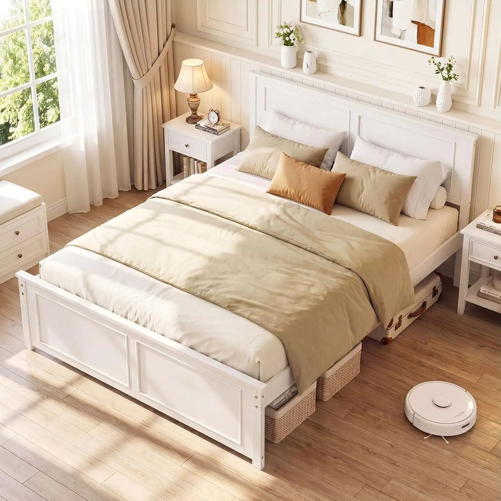 Farmhouse Solid Wood Full Size Bed Frame with Headboard – Platform Bed, Wooden Slat Support, No Box Spring Needed