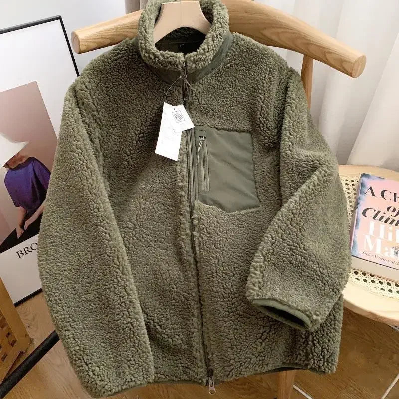 Japanese Fleece Zip Jacket – Unisex Loose Warm Lamb Wool Coat for Couples