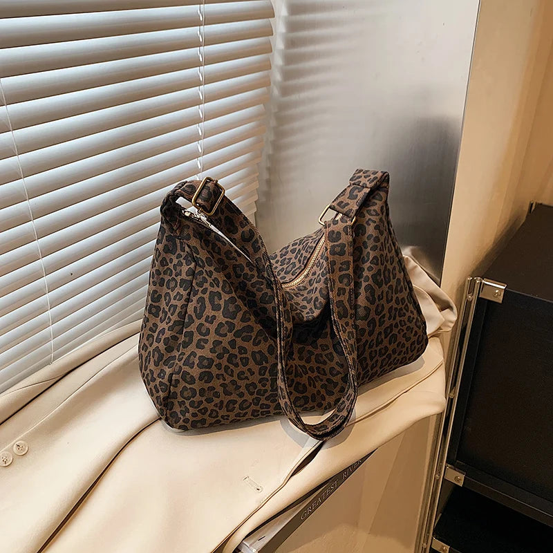 Leopard Print Crossbody Bag – Large Capacity Retro Soft Textile Shoulder Bag for Women