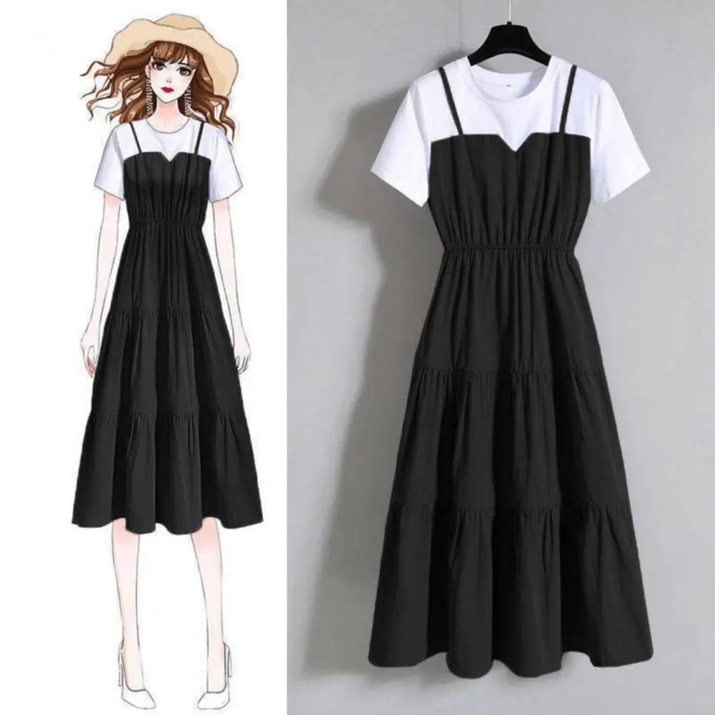 Women's Fake Two-Piece Color Block Summer Dress – Short Sleeve Waist Tight Strap Dress