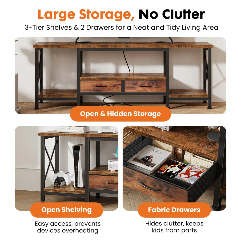 Wooden TV Stand for 70"/75" TVs — Media Console with Charging Station, Drawers & Shelves