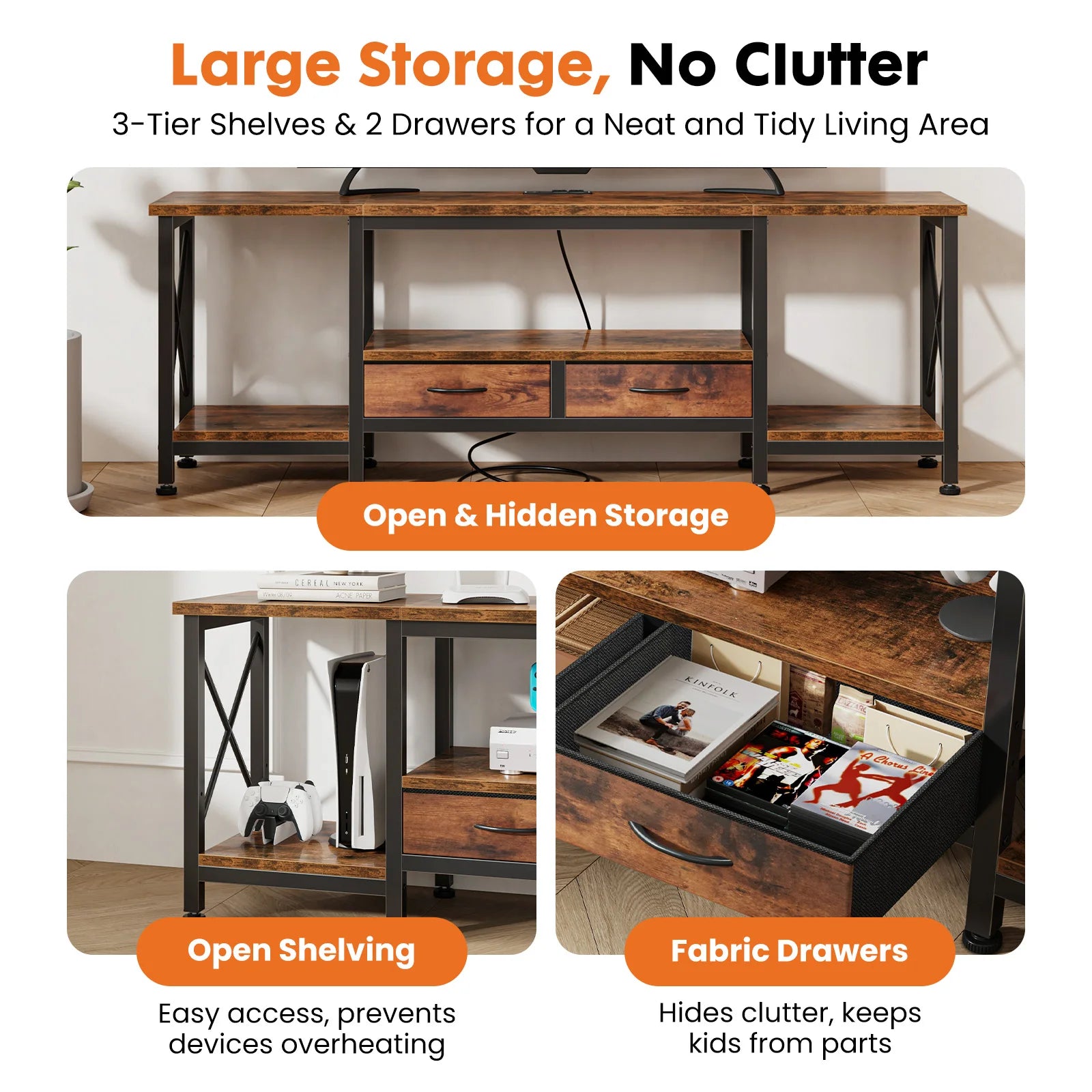 Wooden TV Stand for 70"/75" TVs — Media Console with Charging Station, Drawers & Shelves