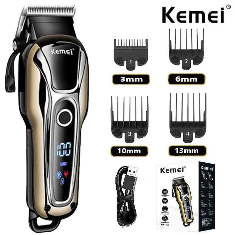 Kemei KM-1990 Professional Hair Clipper – LCD Display, 120-Min Battery, Almighty Grooming Set