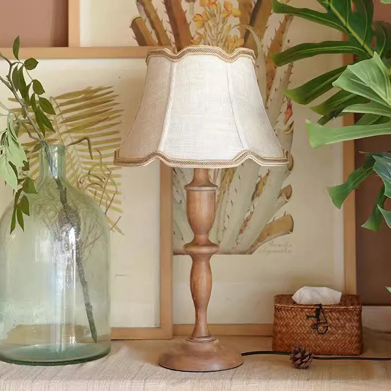 Wood Table Lamp – Vintage Fabric Shade