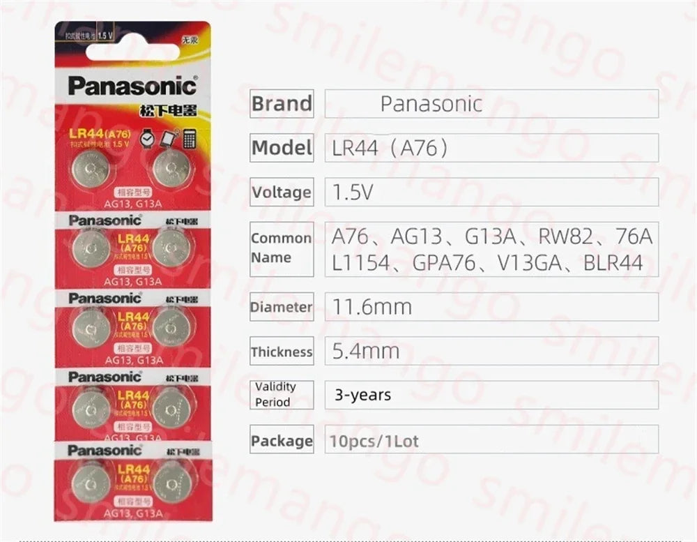 Panasonic LR44 AG13 1.5V Button Cell Battery – 175mAh SR44 LR1154 Coin Cell for Watch, Calculator & Toys