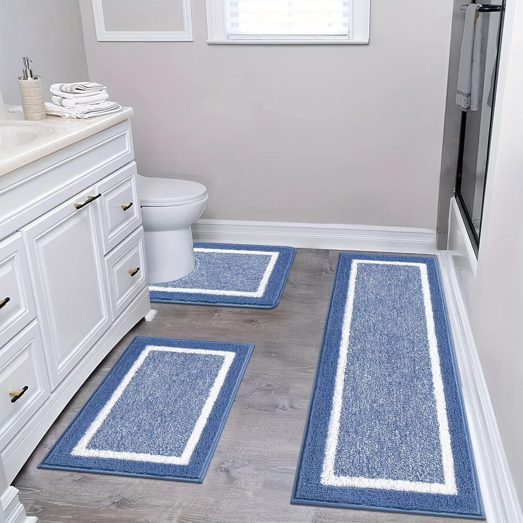 Washable Microfiber Bathroom Rug Set – 3-Piece Non-Slip Absorbent Bath Mats with U-Shaped Toilet Mat, 8 Colors