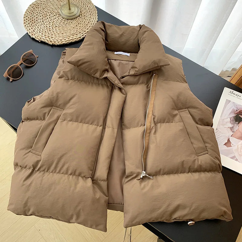 Women's Sleeveless Down Vest – Thick Zip-Up Adjustable Waist Winter Outerwear