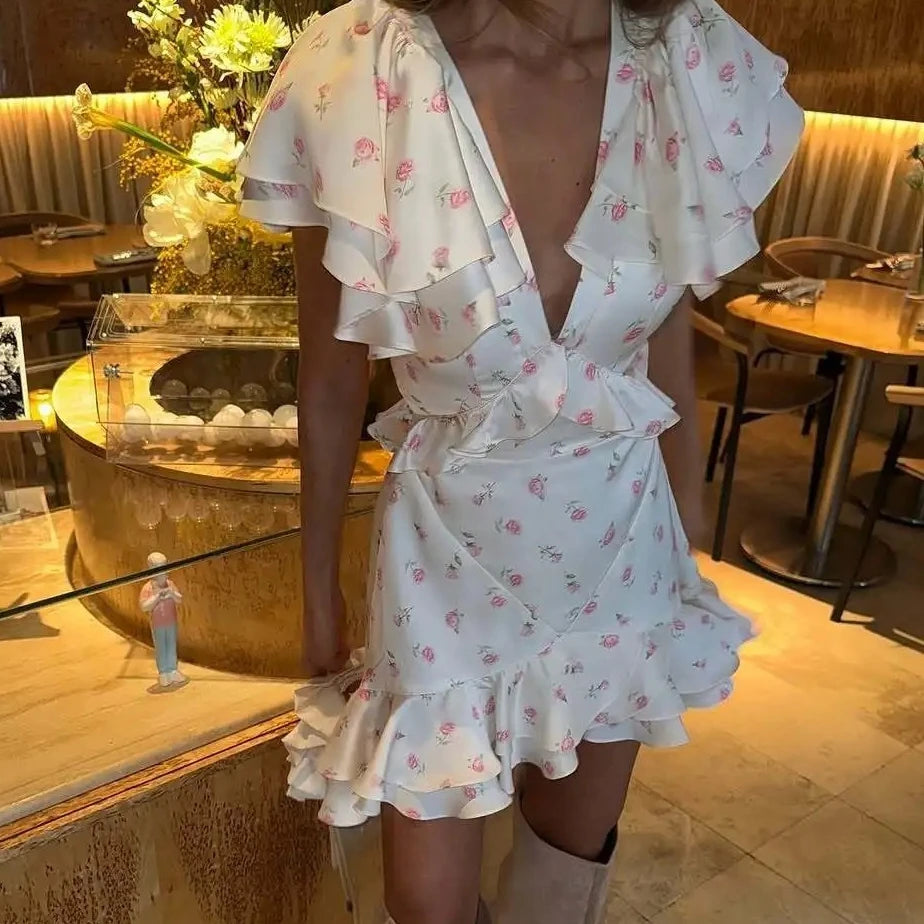 Women's Ruffled Floral Short Skirt – V-Neck Pleated Dress Shorts for Spring & Summer 2026