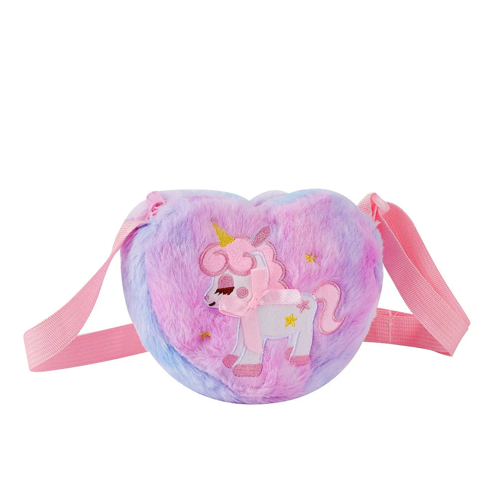 Cute Unicorn Plush Crossbody Bag for Kids — Heart Zipper Shoulder Bag Coin Purse Kids Gift