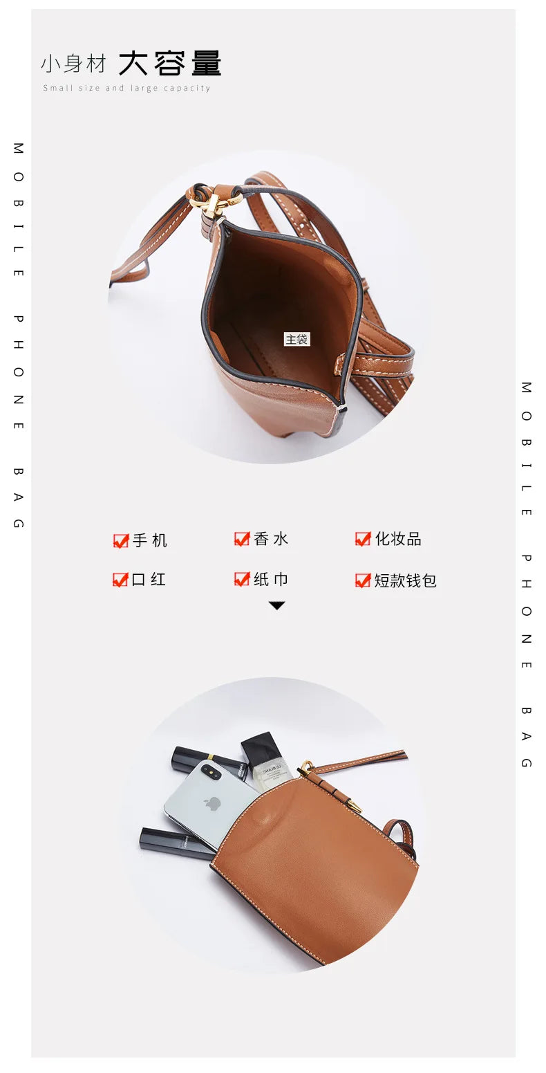 100% Genuine Cowhide Leather Mini Baguette Crossbody Bag – Phone Shoulder Bag for Women