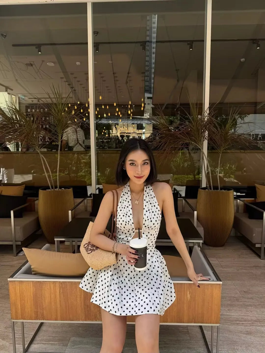 Retro Polka Dot Deep V Halter Mini Dress — Backless A-Line Slim Summer Dress