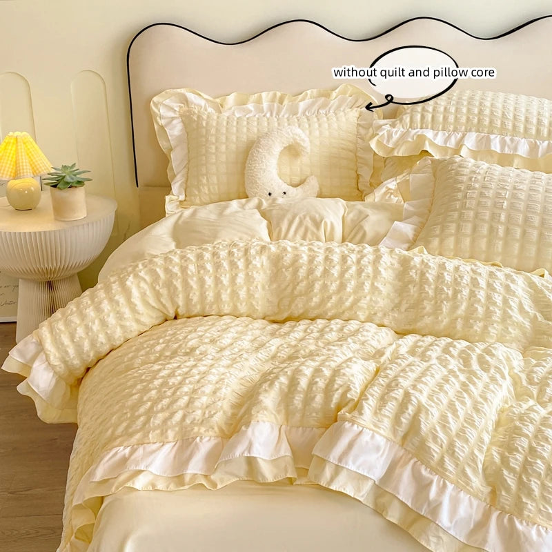 Korean Seersucker Lace Duvet Cover Set – 3-Piece Bedding, 3 Colors & 10 Sizes
