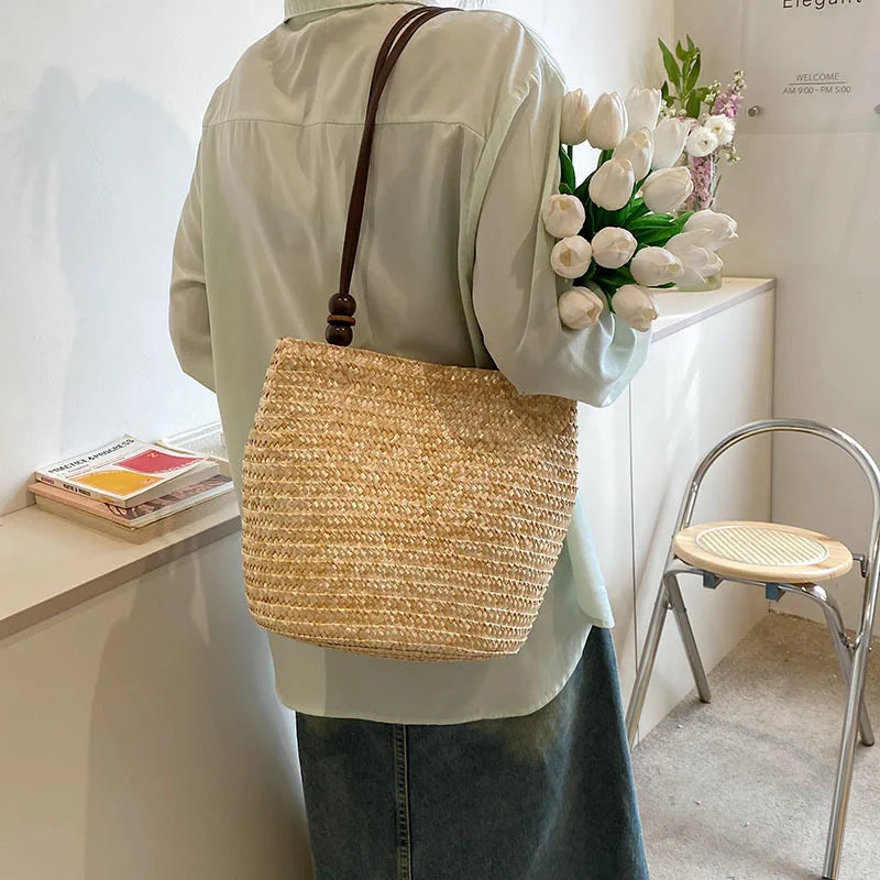 Handmade Straw Rattan Woven Tote Bag – Bohemian Beaded Summer Beach Shoulder Bag for Women