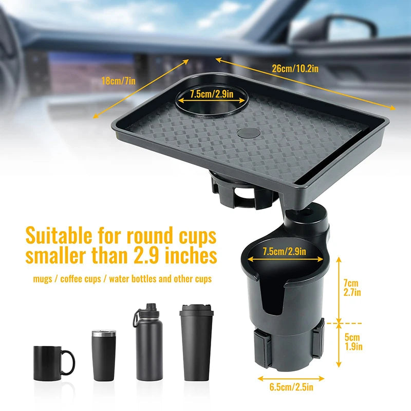 Black plastic car cup holder tray adapter with dimension callouts showing tray size 28cm by 10cm and a cup holder base of 6.5cm by 7.