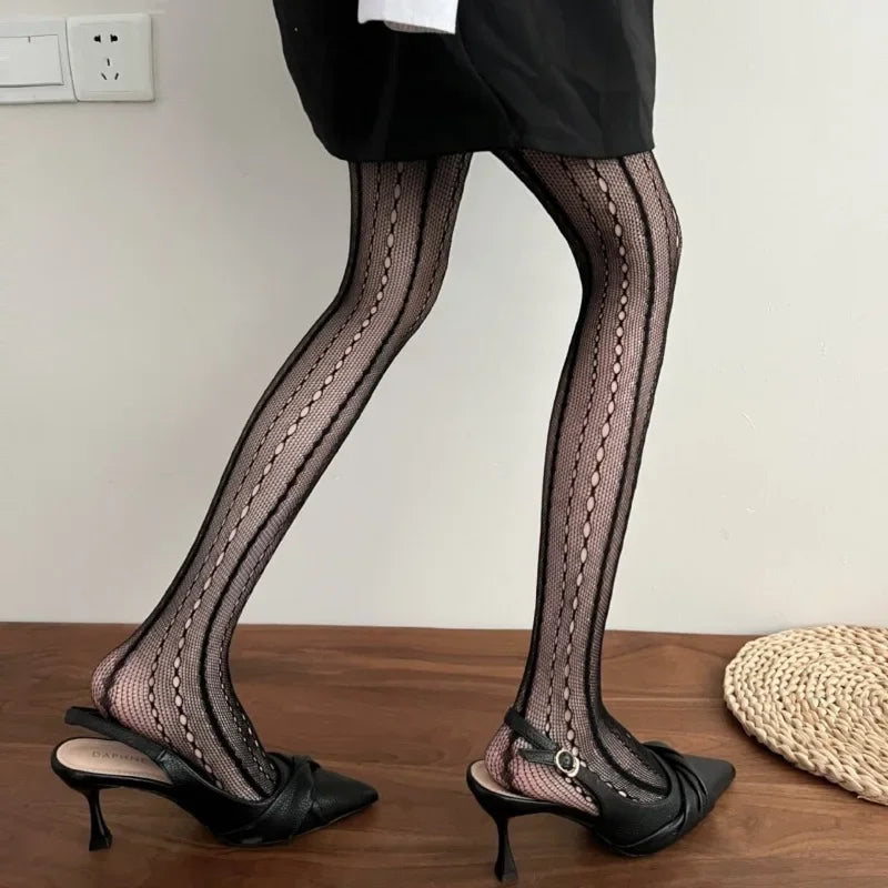 Gothic Fishnet Pantyhose – Ripped Lace Silk Stockings Y2K Punk Hollowed-Out Retro Tights