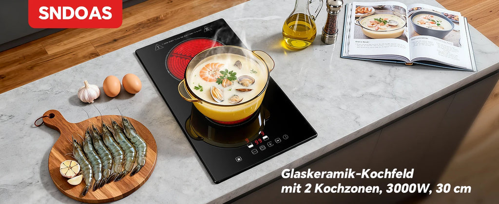 2-Zone Ceramic Hob – 3000W, Child Lock, 9 Heat Levels, 1-99 Min Timer, 60cm Black Glass (CE Certified)