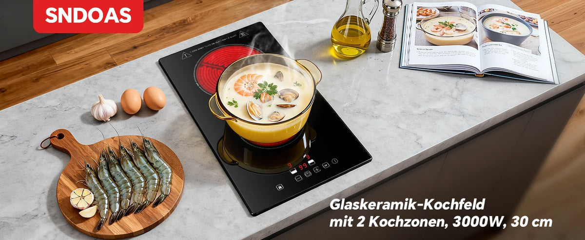 2-Zone Ceramic Hob – 3000W, Child Lock, 9 Heat Levels, 1-99 Min Timer, 60cm Black Glass (CE Certified)
