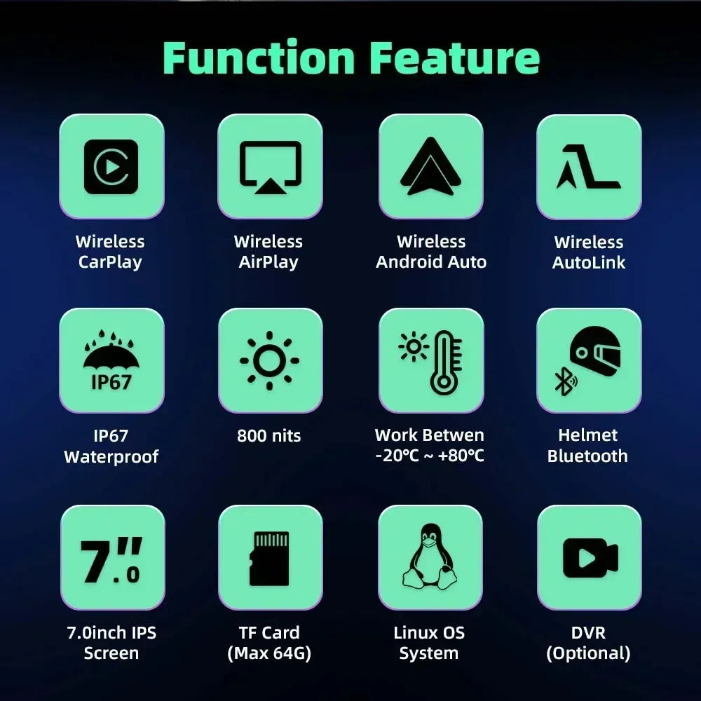 5"/7" Motorcycle CarPlay Screen – Wireless CarPlay & Android Auto, GPS Navigation, Dual Bluetooth, IPX7