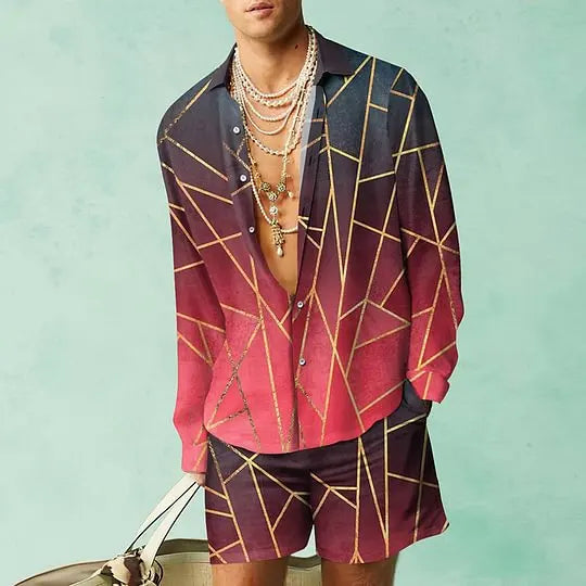 Men's Hawaiian Print Shirt & Drawstring Shorts Beach Vacation Set