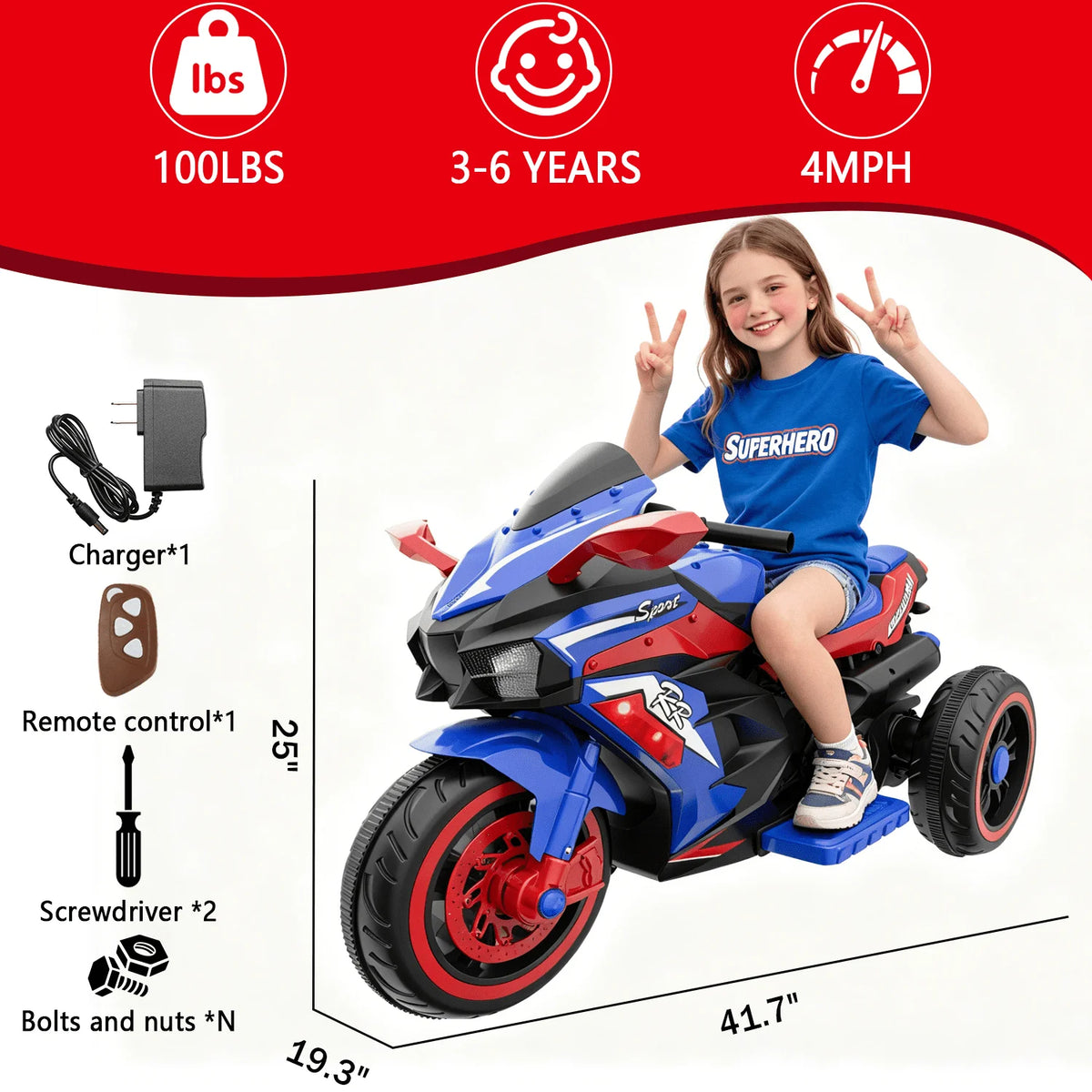 12V Kids Ride-On Motorcycle – Three-Wheel Electric Toy with Remote