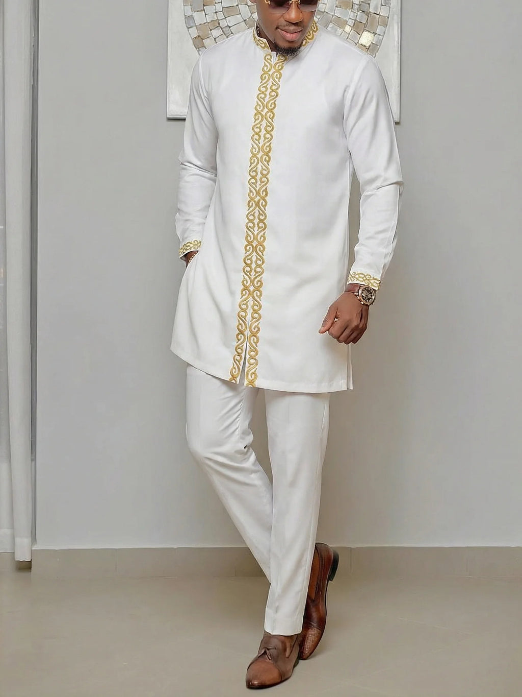 Men's African Kaunda Kaftan Long Sleeve Top & Pants 2-Piece Suit – Traditional Ethnic Wear