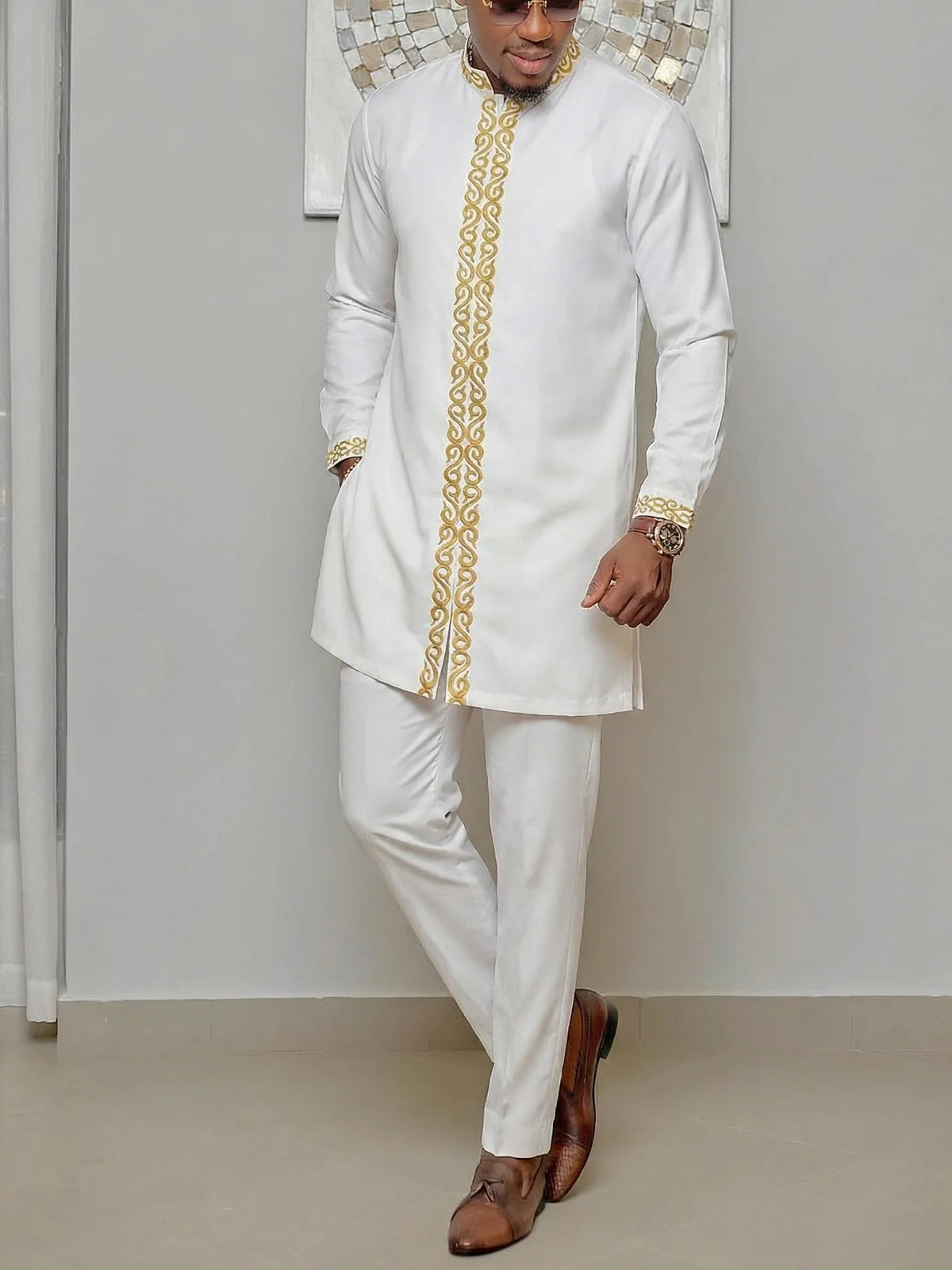 Men's African Kaunda Kaftan Long Sleeve Top & Pants 2-Piece Suit – Traditional Ethnic Wear