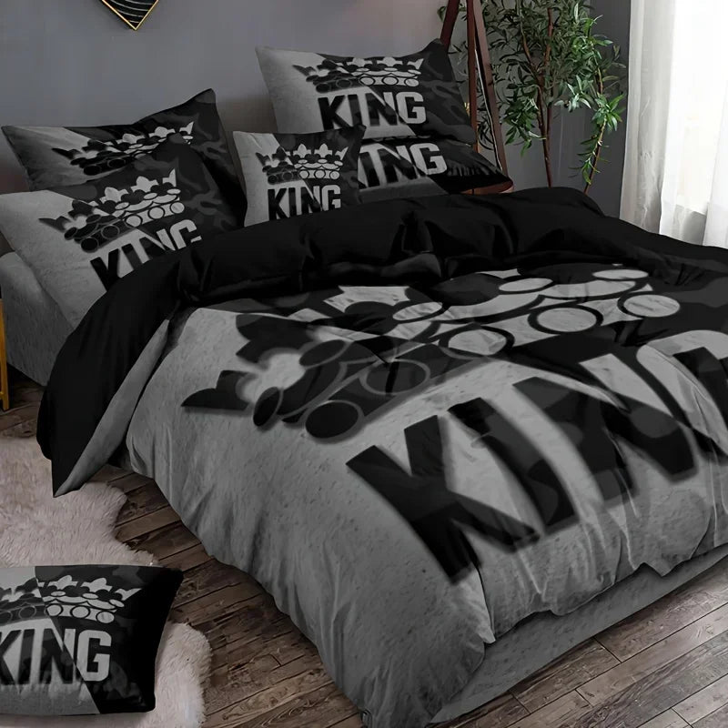 Dark Red & Black Letter Print Bedding Set – 3-Piece Duvet Cover, Queen & King