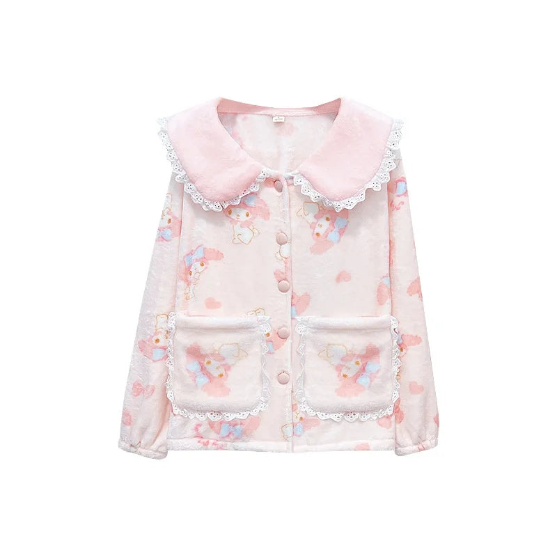 Women's My Melody Flannel Pajamas Set | Cute Lace Collar Winter Homewear Loungewear