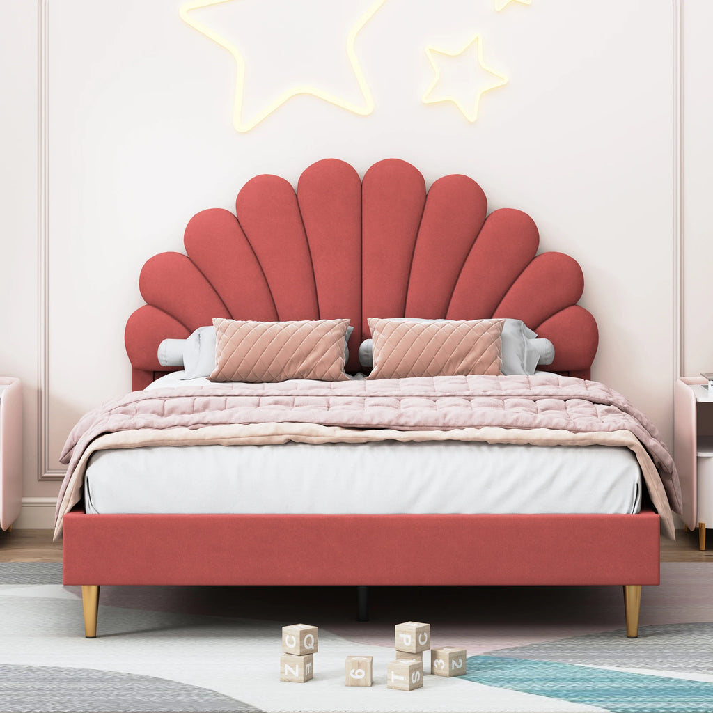 Elegant Upholstered Double Bed Frame – Flower-Shaped Headboard, Velvet Cover, 140x200cm, No Mattress