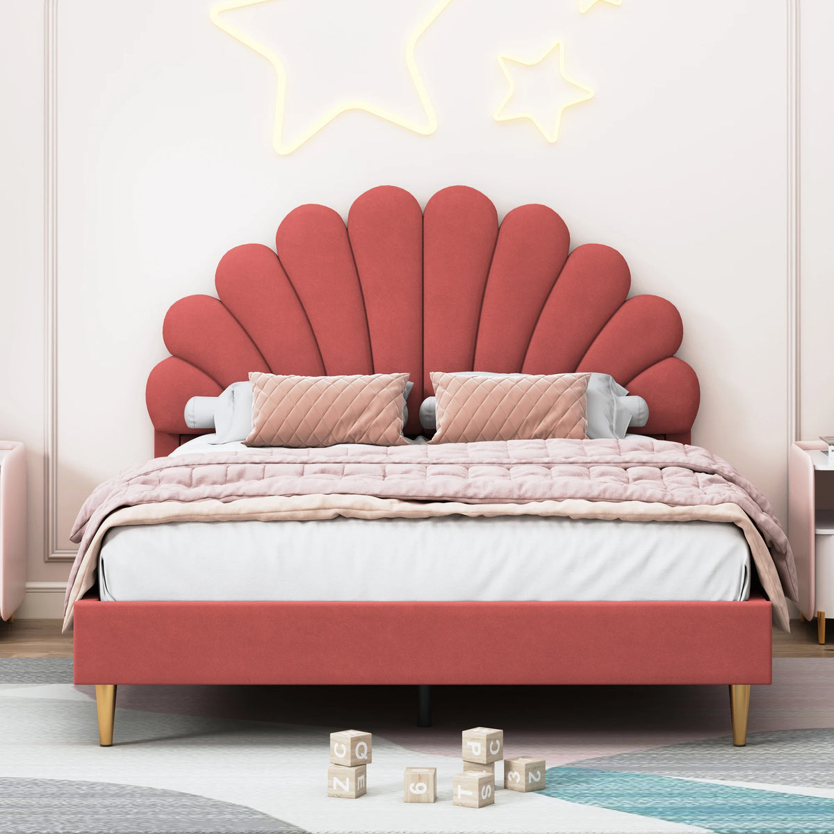 Elegant Upholstered Double Bed Frame – Flower-Shaped Headboard, Velvet Cover, 140x200cm, No Mattress