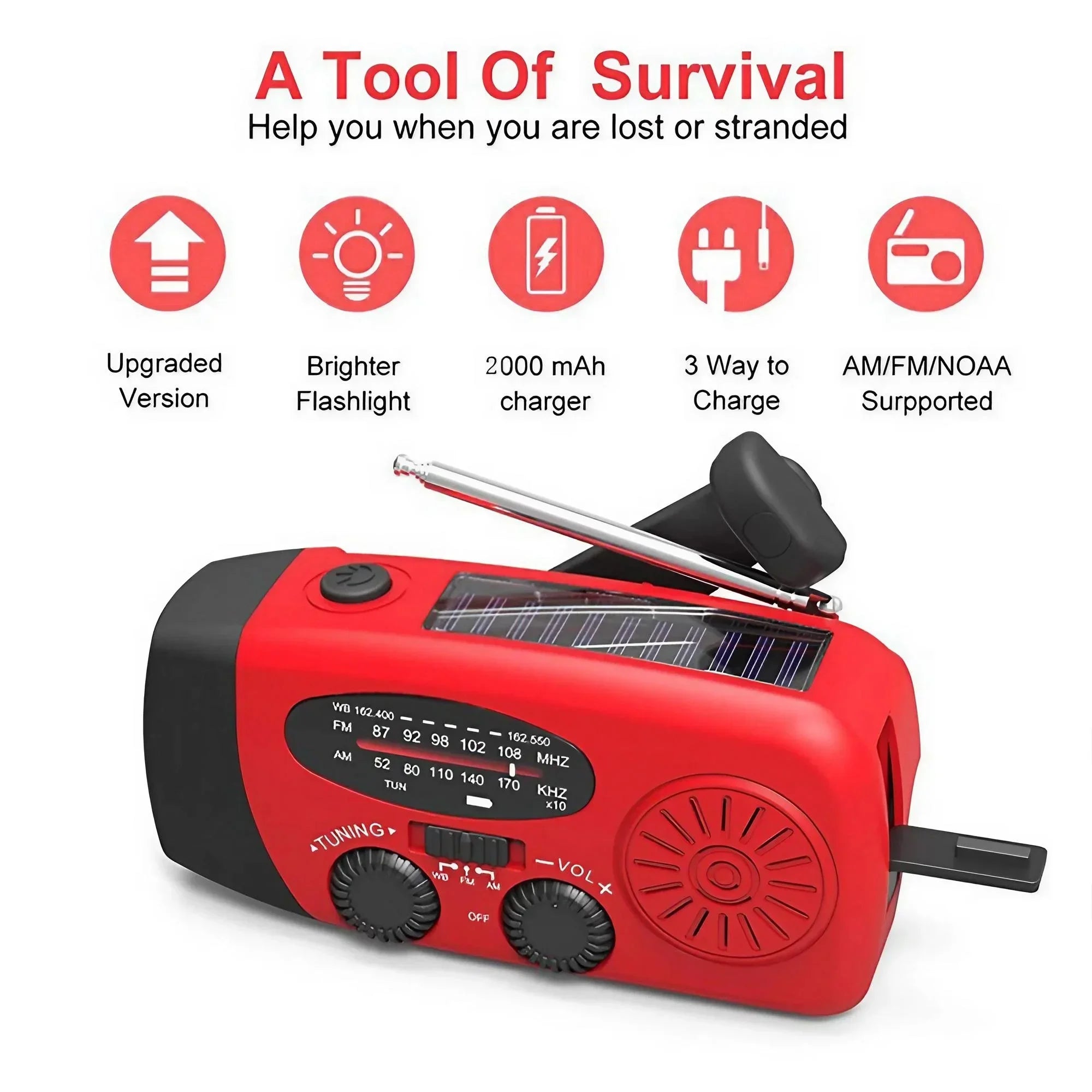 Emergency Weather Radio — FM/AM/WB, Hand Crank Solar, 2000mAh Power Bank & LED Flashlight