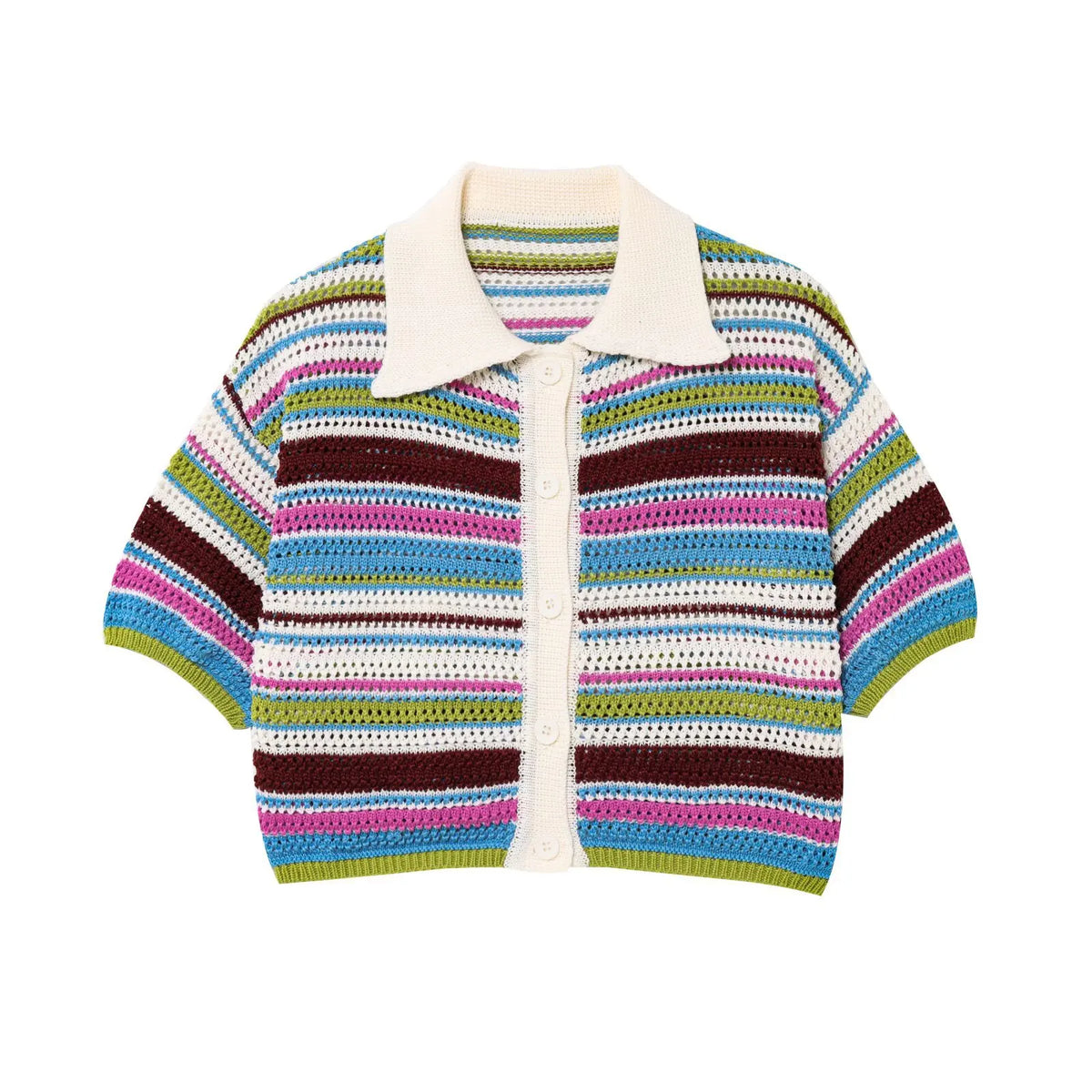 Women's Y2K Crochet Knit Crop Sweater & Shorts Set – Polo Collar Striped Patchwork Hollow Out